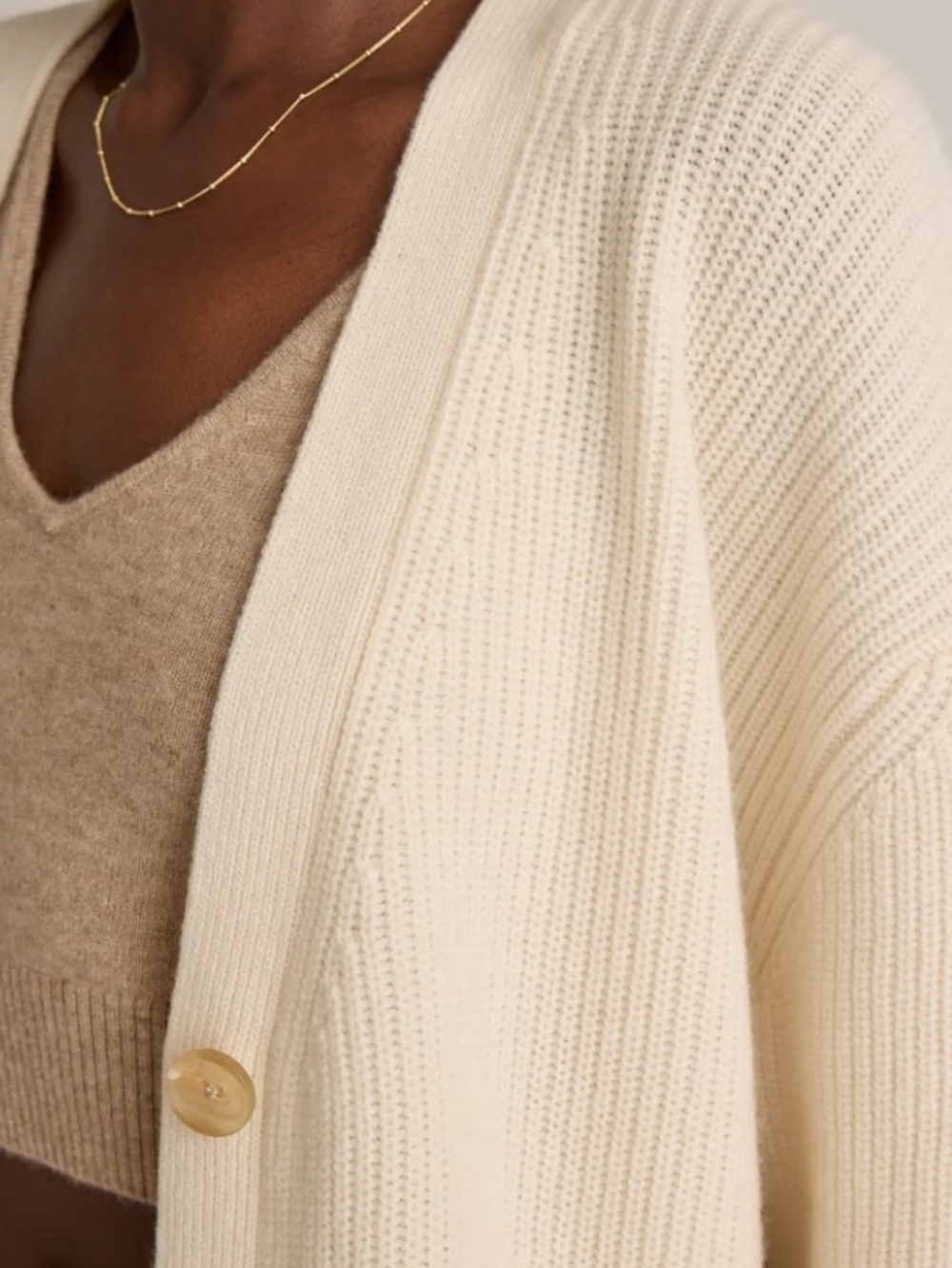 Quince Cream Ribbed V-Neck Cardigan - Picture 3 of 14
